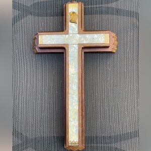 Vintage Wooden Cross with Mother of Pearl Inlay and Hidden Compartment